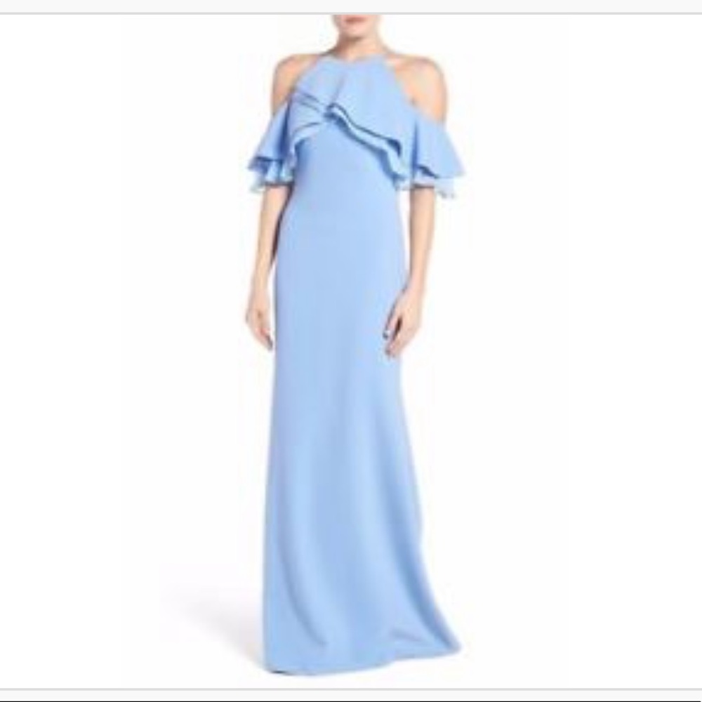 Badgley Mischka Cold-Shoulder Ruffle Gown